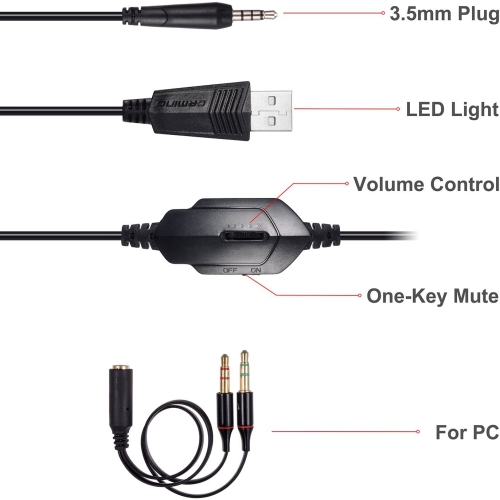 3.5mm Stereo Gaming Headset for Xbox one PS4 PC, Surround Sound Over-Ear Headphones with Noise Cancelling Mic, LED Lights, Volume Control Gamer