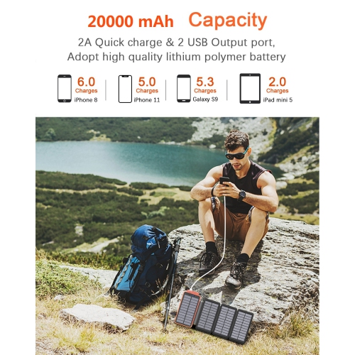 navor Foldable Design Solar Charger 20000mAh Portable Solar Power Bank with Dual 2.1A Outputs Waterproof External Battery Pack Compatible with Smart