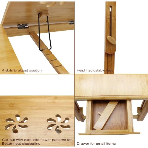 navor Bamboo Laptop Bed Desk, Breakfast Serving Tray, Notebook Computer Stand, Multifunctional Table with Adjustable Tilting Top Storage Drawer