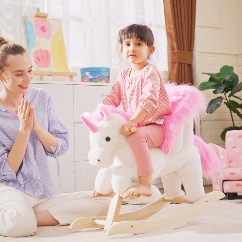 Qaba Baby Rocking Horse, Plush Animal Rocker for Toddlers Aged 18-36 Months, Stuffed Ride Toy with Sounds, Seat Belt, White and Pink