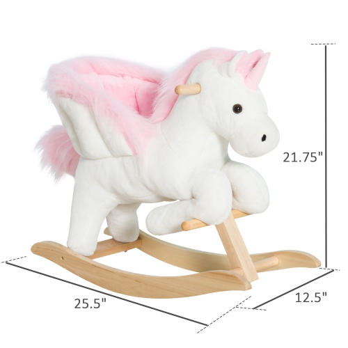 Qaba Baby Rocking Horse, Plush Animal Rocker for Toddlers Aged 18-36 Months, Stuffed Ride Toy with Sounds, Seat Belt, White and Pink