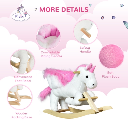 Qaba Baby Rocking Horse, Plush Animal Rocker for Toddlers Aged 18-36 Months, Stuffed Ride Toy with Sounds, Seat Belt, White and Pink