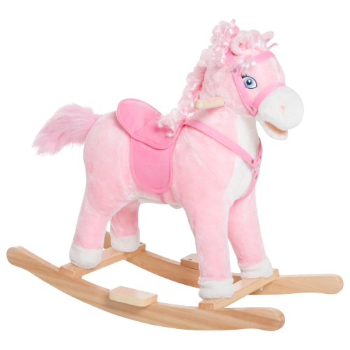 Qaba Kids Plush Rocking Horse Child Ride On Toy Rocker with Realistic Sounds Pink