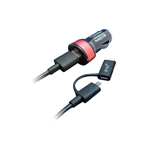 PQI Du-Plug Apple Mfi Certified USB Car Charger + 3ft Lightning and Micro USB to USB Cable Combo - Red