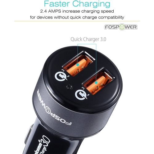 FosPower USB Car Charger UL Listed 36W Fast Charging Qualcomm 3.0 Quick Charge Dual USB Smart Ports with LED Light Compatib...
