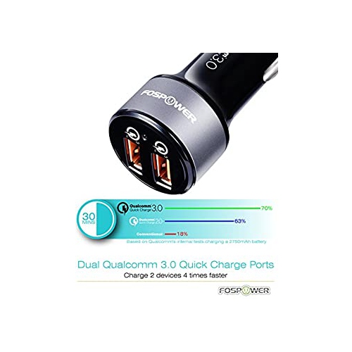 FosPower USB Car Charger UL Listed 36W Fast Charging Qualcomm 3.0 Quick Charge Dual USB Smart Ports with LED Light Compatib...