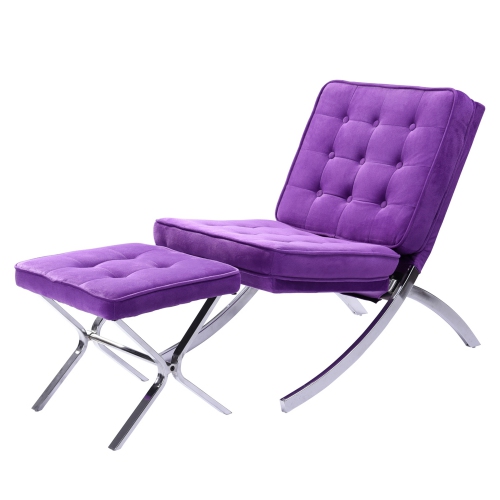 Barcelona Style Recliner with Ottoman Set Lounge Chair in Popular Purple Velvet Fabric Chrome Struture