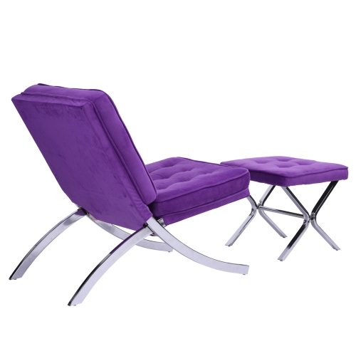 Barcelona Style Recliner with Ottoman Set Lounge Chair in Popular Purple Velvet Fabric Chrome Struture