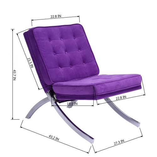 Barcelona Style Recliner with Ottoman Set Lounge Chair in Popular Purple Velvet Fabric Chrome Struture