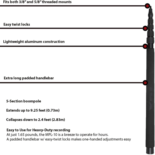 LyxPro MPL-10 Lightweight Boom pole with Easy Twist Locks for Professional Shotgun Microphones