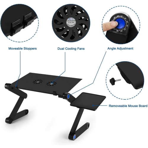 Adjustable Standing Laptop Desk Stand Table Portable Aluminum Lap Riser Holder with Dual-Cooling Fans for Bed Couch Sofa