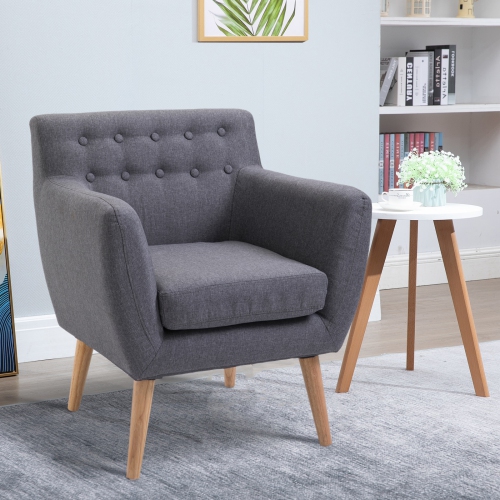 Mid-Century Modern Accent Arm Chair Linen Upholstery Tufted Light Grey