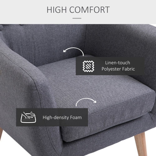 Mid-Century Modern Accent Arm Chair Linen Upholstery Tufted Light Grey