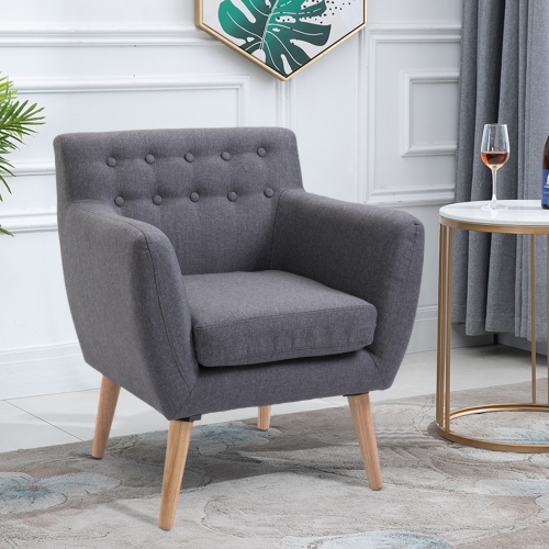 Mid-Century Modern Accent Arm Chair Linen Upholstery Tufted Light Grey