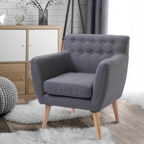 Mid-Century Modern Accent Arm Chair Linen Upholstery Tufted Light Grey