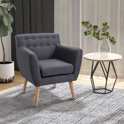 HOMCOM Mid-Century Modern Accent Arm Chair Linen Upholstery Tufted Seat Club Chair with Wood Frame Thick Padded Dark Grey