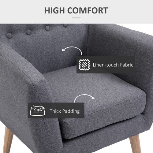 HOMCOM Mid-Century Modern Accent Arm Chair Linen Upholstery Tufted Seat Club Chair with Wood Frame Thick Padded Dark Grey