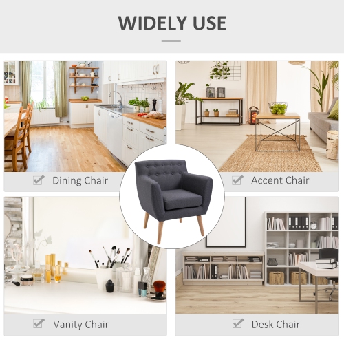 HOMCOM Mid-Century Modern Accent Arm Chair Linen Upholstery Tufted Seat Club Chair with Wood Frame Thick Padded Dark Grey