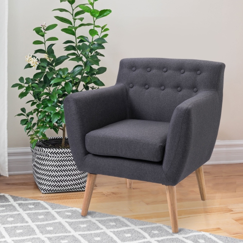 HOMCOM Mid-Century Modern Accent Arm Chair Linen Upholstery Tufted Seat Club Chair with Wood Frame Thick Padded Dark Grey