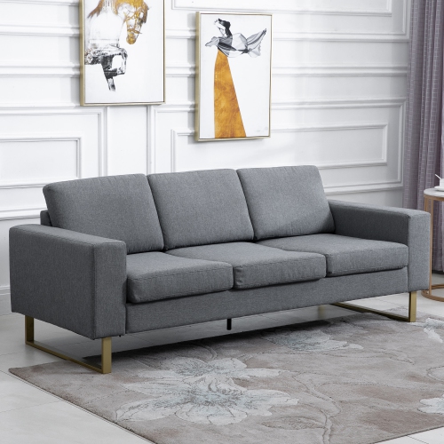 HOMCOM 3 Seater Sofa, Linen Upholstered Cozy Padded Couch with Steel Leg, Backrest and Wide Armrest, for Living room, Bedroom, Dark Grey