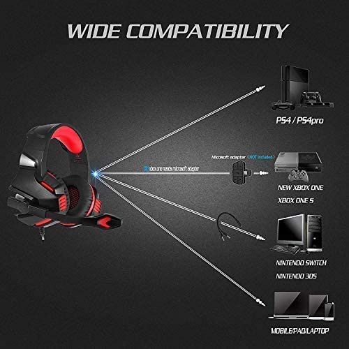 Gaming Headset for Xbox One, PS4, PC, Over Ear Gaming Headphones with Noise Cancelling Mic LED Light, Stereo Bass Surround, Soft Memory Earmuffs for