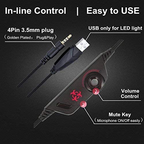 Gaming Headset for Xbox One, PS4, PC, Over Ear Gaming Headphones with Noise Cancelling Mic LED Light, Stereo Bass Surround, Soft Memory Earmuffs for