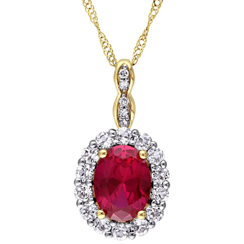 Oval Pendant in 14K Yellow Gold with Oval Created Ruby & 0.025ctw Diamonds on a 17" Gold Chain