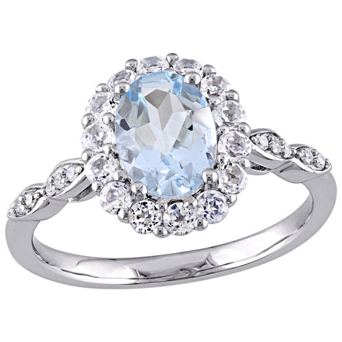 Birthstone Halo Ring in 14K White Gold with Oval Aquamarine, White Topaz & 0.05ctw Diamonds - Size 7