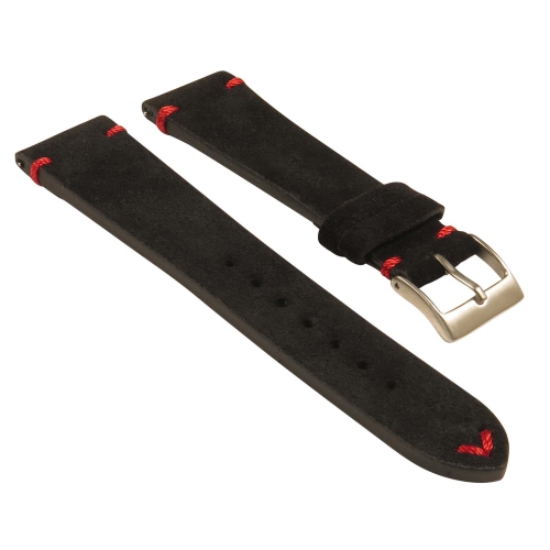 STRAPSCO  Suede Vintage Hand-Stitched Leather Watch Band - Quick Release Strap - 20MM Black & In Red