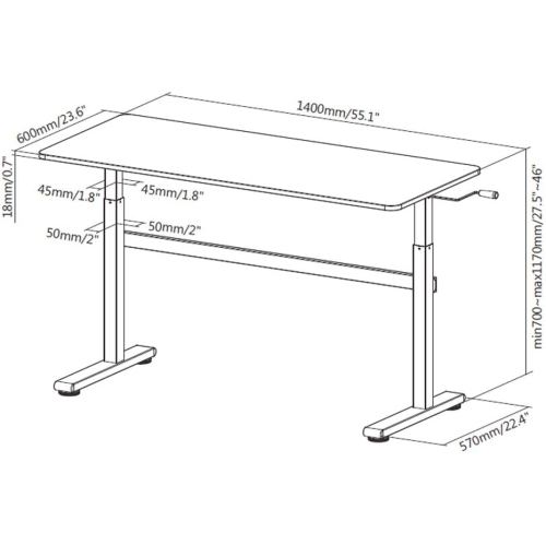Liveart Manual Sit to Stand Height Adjustable Desk Riser Frame with Table Top. Height from 740mm to 1210mm