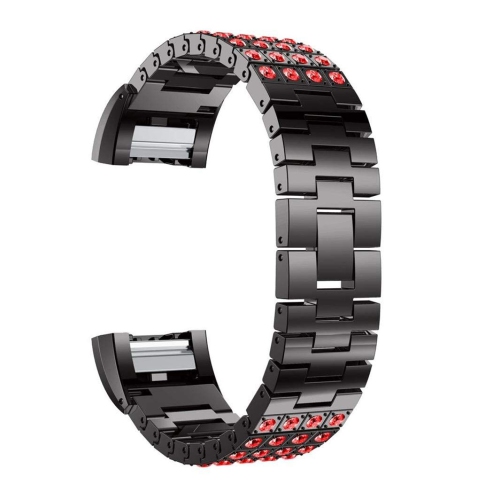 StrapsCo Attache de Montre Chaîne en Métal en Strass Pour Fitbit Charge 2 - Noir Mat & Rouge
