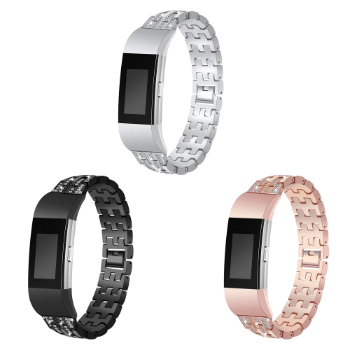 StrapsCo Metal Link Rhinestone Bracelet Watch Band Strap for Fitbit Charge 2 - Black