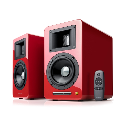 Système de haut-parleurs actifs haute résolution AirPulse A100, optique, coaxial, Bluetooth 4.1 aptX, RCA, auxUSB - paire rouge