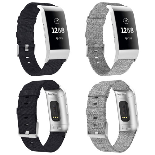 StrapsCo Canvas Strap for Fitbit Charge 3 & 4 - Black/Grey - 2 Pack