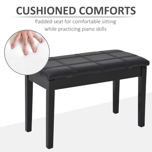 HOMCOM Duet Piano Storage Bench Two Person Professional Padded Keyboard Seat Birchwood with Traditional PU Leather Lift Top Black