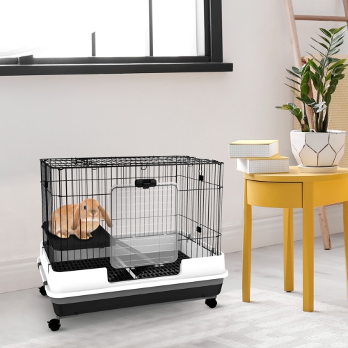 PawHut 28"H Guinea Pig Cage, 2-Level Rabbit Cage for Ferret, Chinchilla, Hedghog, Bunny, Small Animal Habitat with Wheels, Slide-out Tray, Ramp, Black