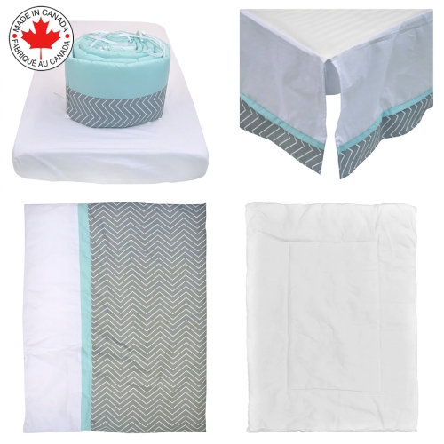 Bebelelo - 5 pieces bedding for baby - grey and blue with a Zigzag pattern