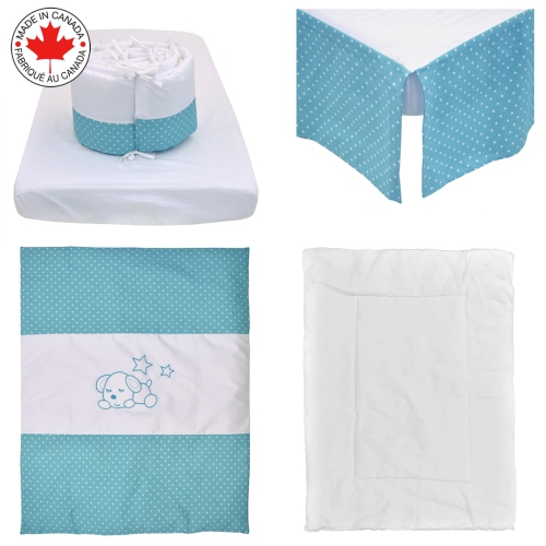 Bebelelo - 5 pieces bedding for baby - turquoise and white with a Sleeping Dog pattern