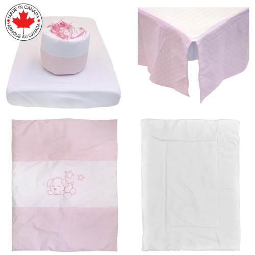 Bebelelo - 5 pieces bedding for baby - pink and white with a Sleeping Dog pattern
