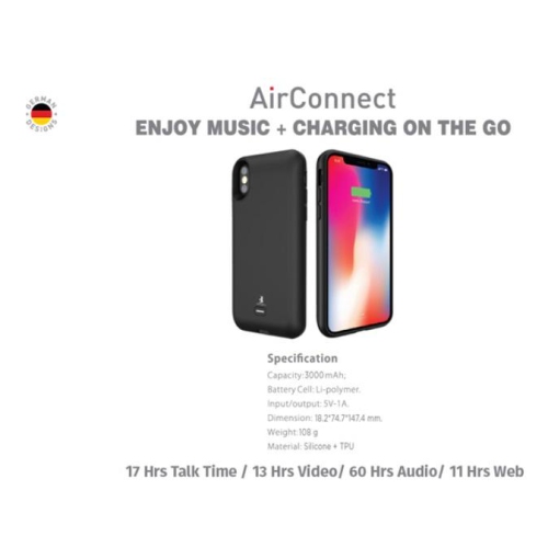 SAMA-Air Connect Wireless Battery Case for iphone X 3000 mAh Free Screen Protector - Black