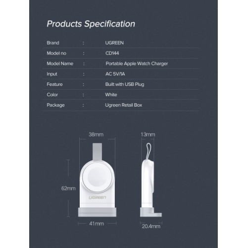 UGREEN Apple Watch charger with string USB-A input:AC 5V 1A White