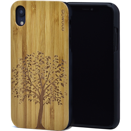Étui iPhone XR en bois et côtés en polycarbonate – bambou avec gravure arbre