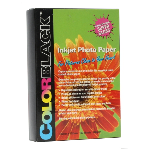 COLORBLACK® 1 Pack of Glossy Resin Coated Inkjet Photo Paper, 4X6 Inches / 102x152 mm, 69lbs / 260gsm, 100 sheets/Pack