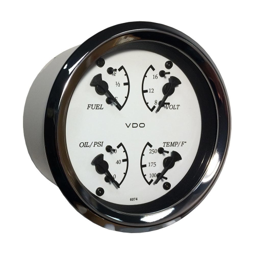 VDO  Allentare 4 In 1 Gauge - 85MM - Dial-Black Pointer - Oil Pressure, Water Temp, Fuel Level, Voltmeter - Chrome Bezel In White