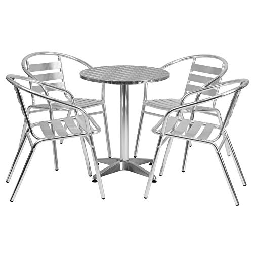 Flash Furniture 27.5 Round Aluminum Indoor-Outdoor Table Set with 4 Slat Back Chairs 