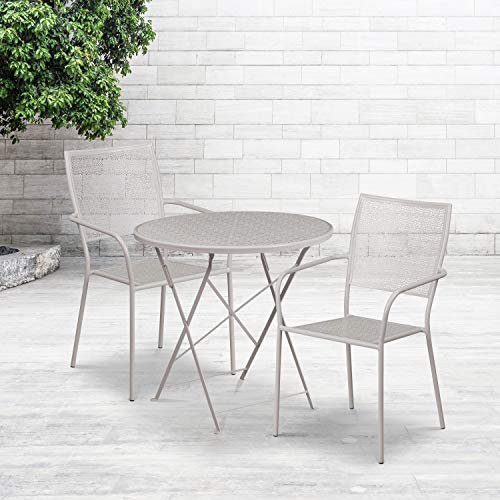 FLASH FURNITURE  Commercial Grade 30" Round Light Gray Indoor-Outdoor Steel Folding Patio Table Set With 2 Square Back Chairs