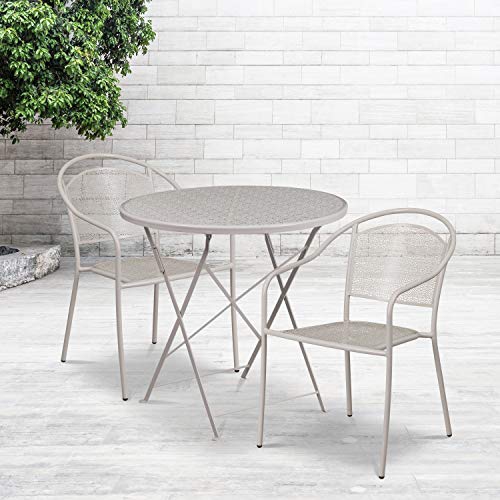 FLASH FURNITURE  Commercial Grade 30" Round Light Gray Indoor-Outdoor Steel Folding Patio Table Set With 2 Round Back Chairs