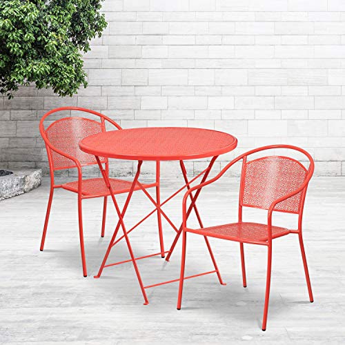 FLASH FURNITURE  Commercial Grade 30" Round Coral Indoor-Outdoor Steel Folding Patio Table Set With 2 Round Back Chairs