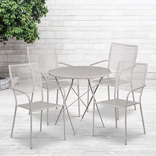 FLASH FURNITURE  Commercial Grade 30" Round Light Gray Indoor-Outdoor Steel Folding Patio Table Set With 4 Square Back Chairs