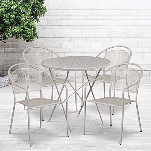 FLASH FURNITURE  Commercial Grade 30" Round Light Gray Indoor-Outdoor Steel Folding Patio Table Set With 4 Round Back Chairs